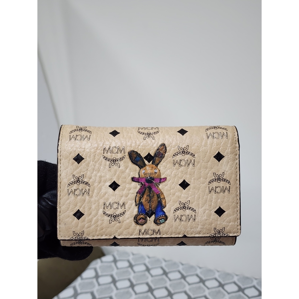 MCM Visetos Rabbit Compact Tri-fold Leather Wallet Beige